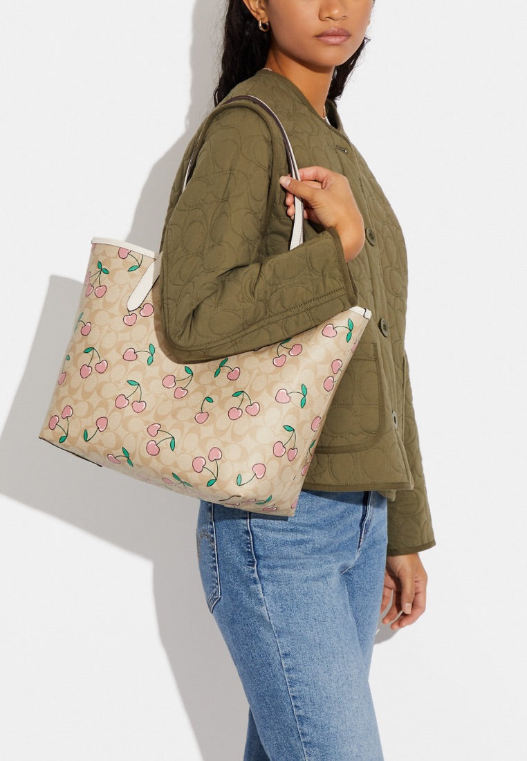 City Tote In Signature Canvas With Heart Cherry Print Light Khaki Multi
