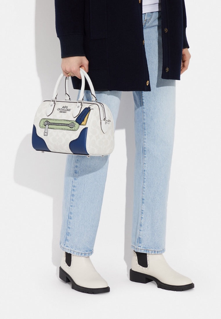 Rowan Satchel In Signature Canvas With Trompe L'oeil Print Glacier White Multi