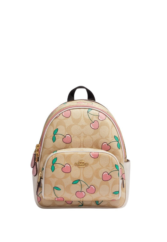 Mini Court Backpack In Signature Canvas With Heart Cherry Print Light Khaki Multi