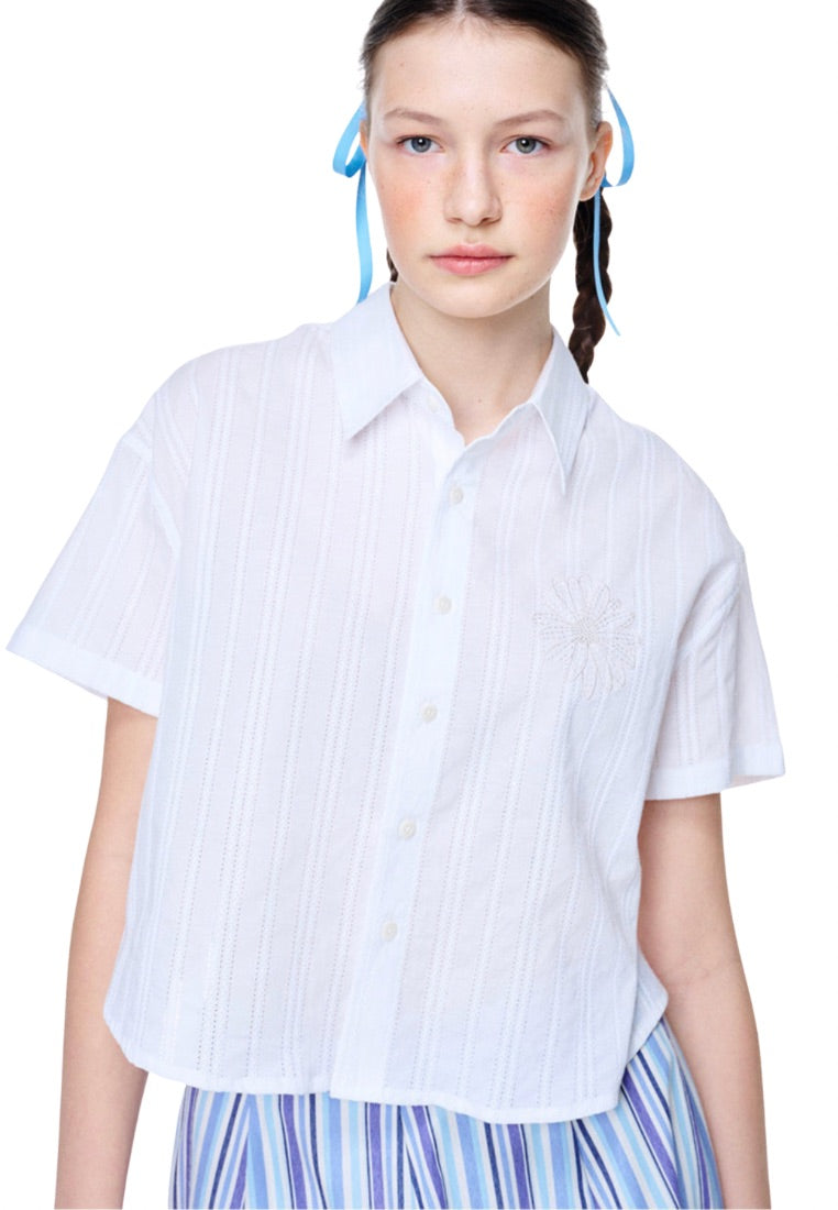 Cotton Cropped Shirt Half Sleeve White Beige