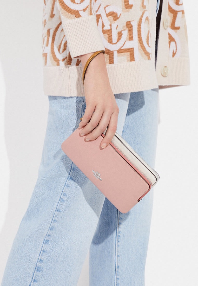 Double Zip Wallet In Colorblock Powder Pink Multi