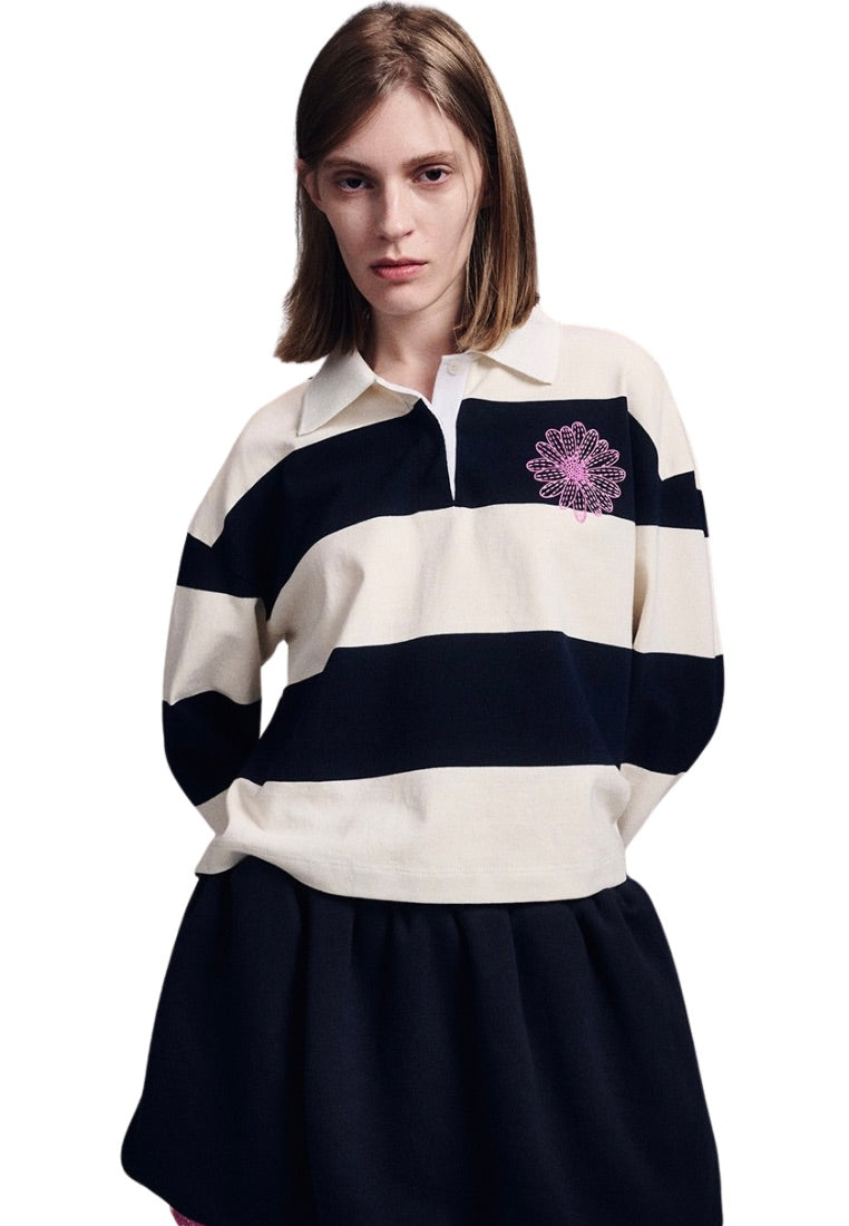 Rugby Shirt Stripe Flower Ivory Navy