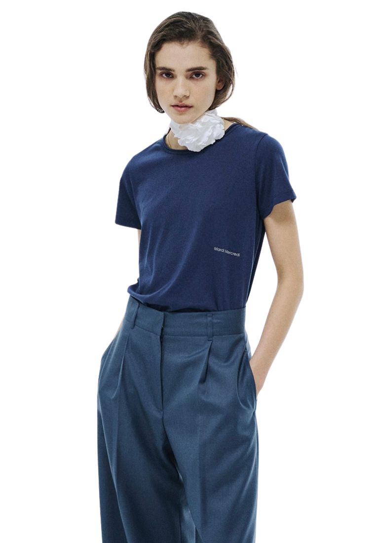 Premium Silk Blended TShirt Logo Slimfit Navy Beige