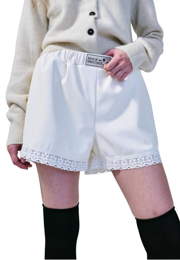 Faux Leather Shorts Lace Ivory