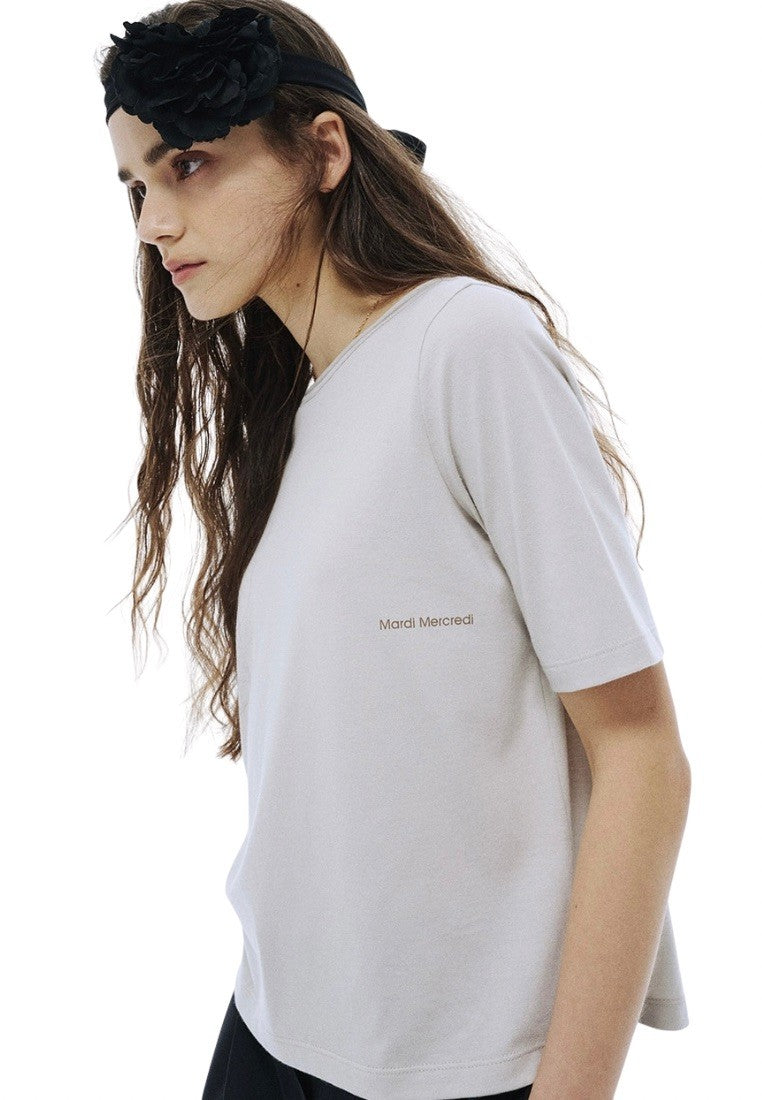 Premium Silk Blended TShirt Logo Boatneck Beige Khaki