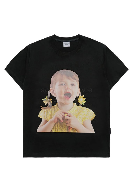 Flower Earrings Girl Baby Face Short Sleeve T-Shirt Black