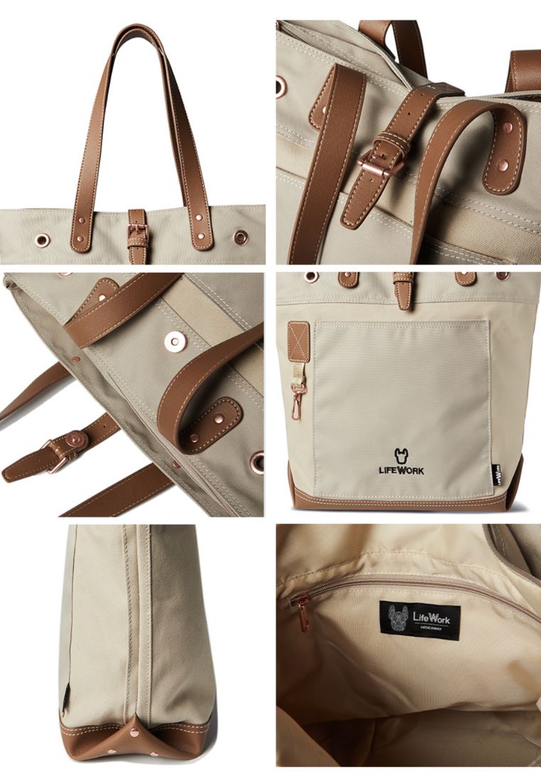 Logo Trapezoid Tote Bag Beige