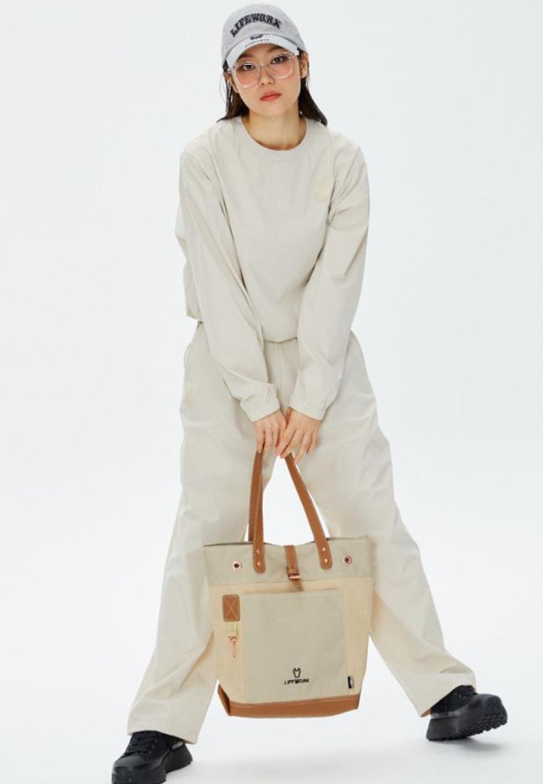 Logo Trapezoid Tote Bag Beige