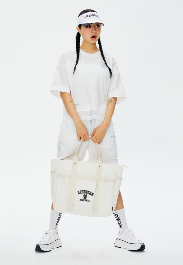 Logo Zip Closure Tote Bag Ivory