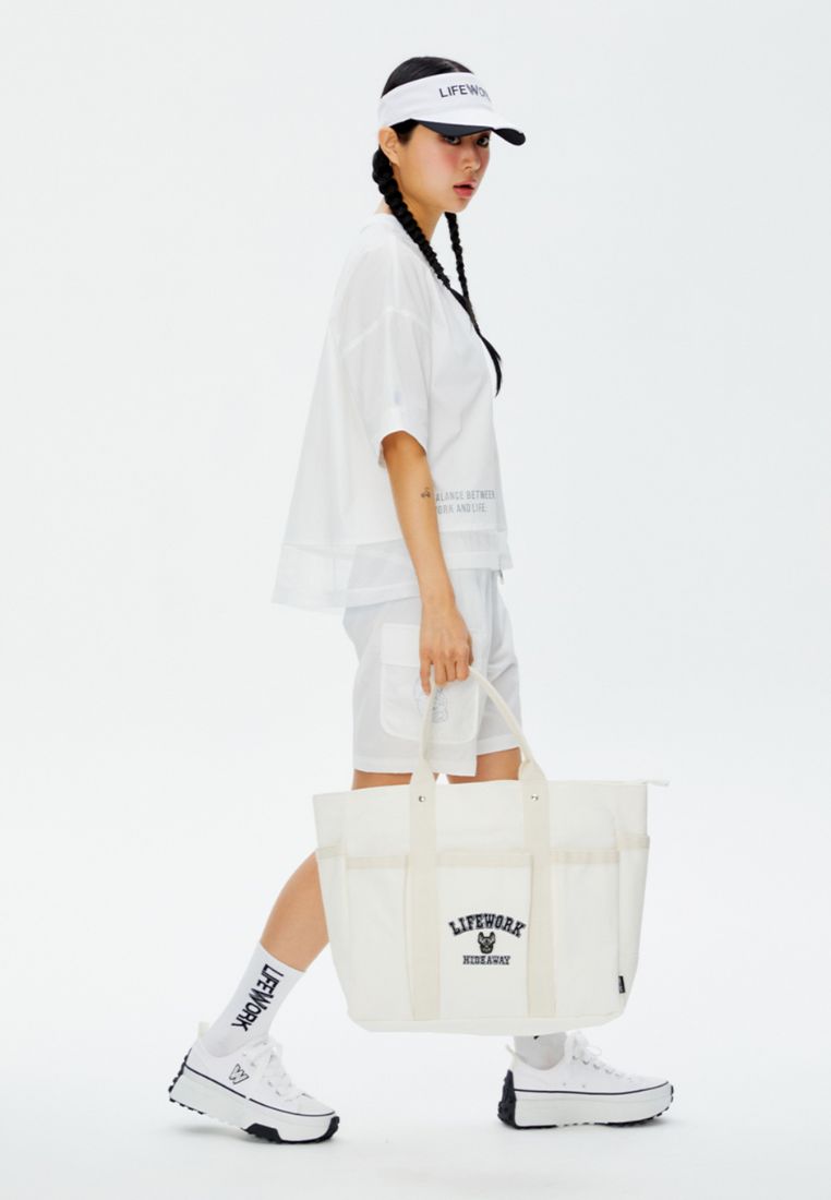Logo Zip Closure Tote Bag Ivory