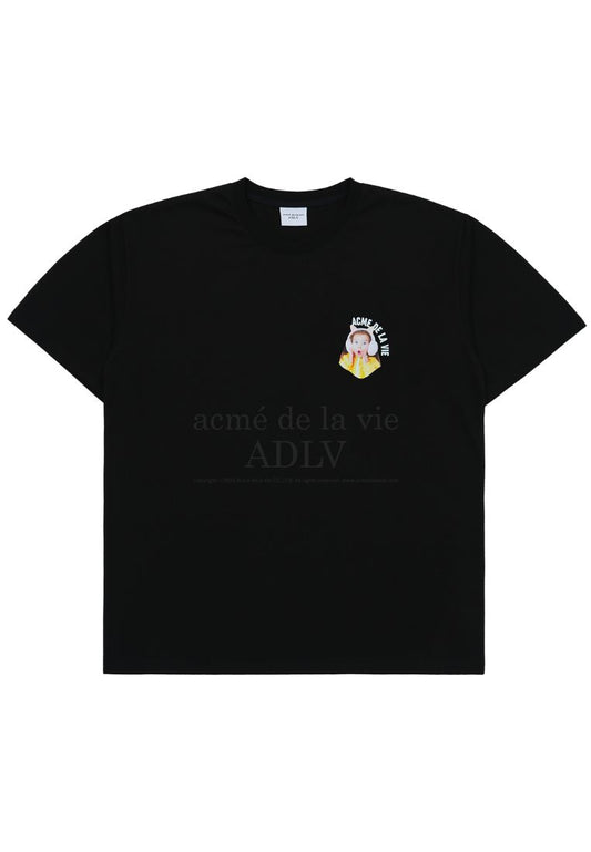 Mini Baby Face Cat Earplug Short Sleeve T-Shirt Black