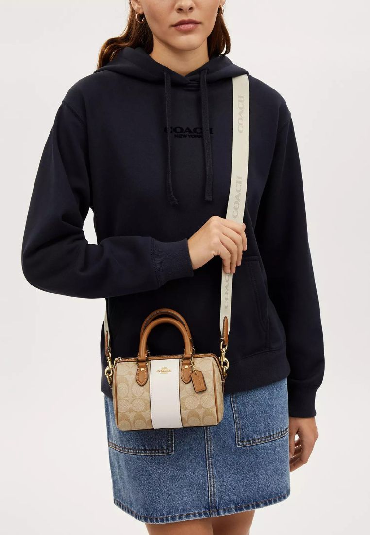 Mini Rowan Crossbody In Signature Canvas With Stripe Chalk LT Saddle