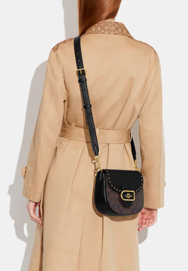 Morgan Saddle Bag In Colorblock Signature Canvas With Rivets Brown Black Multi