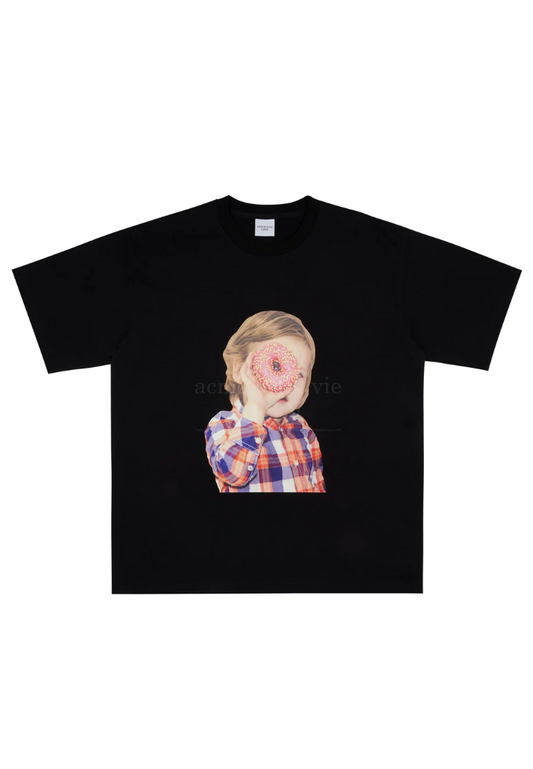 Baby Face Checked Shirt Donut Short Sleeve T-Shirt Black