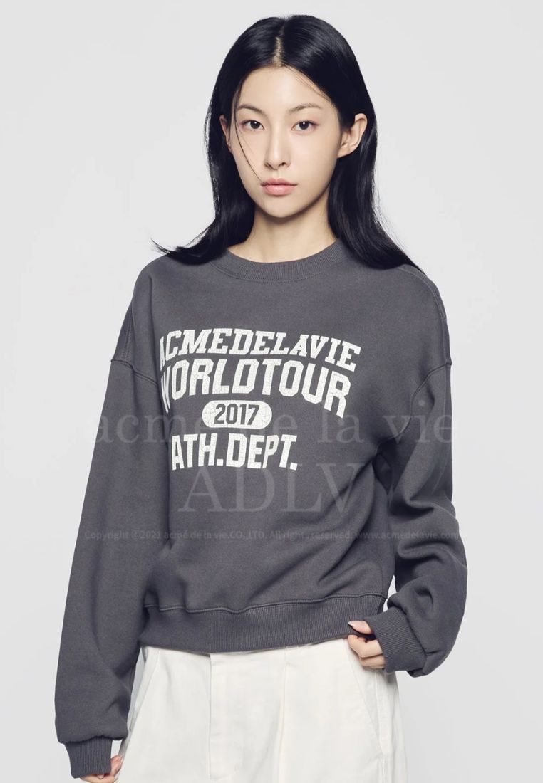 Old School Crack Printing Crop Napping Zurry Sweatshirts Charcoal