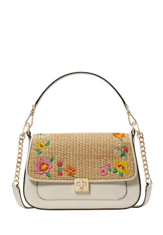 Phoebe Embroidered Straw Flap Crossbody Meringue Multi