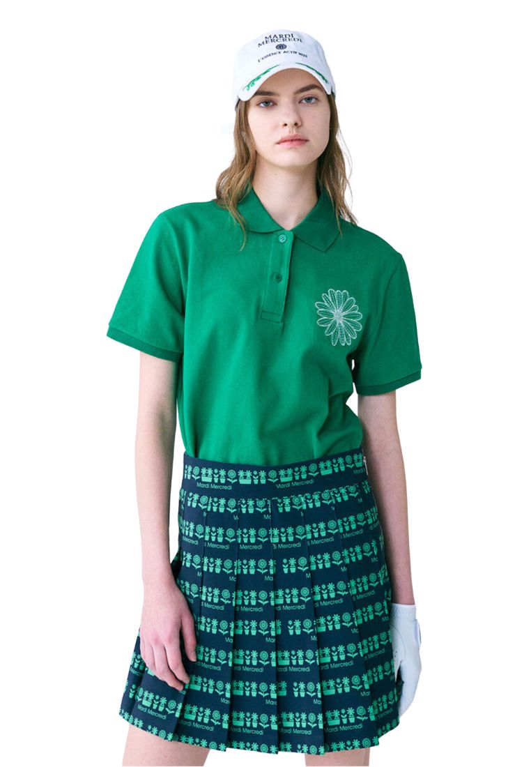 Piquet TShirt Flower Needlework Green Ivory