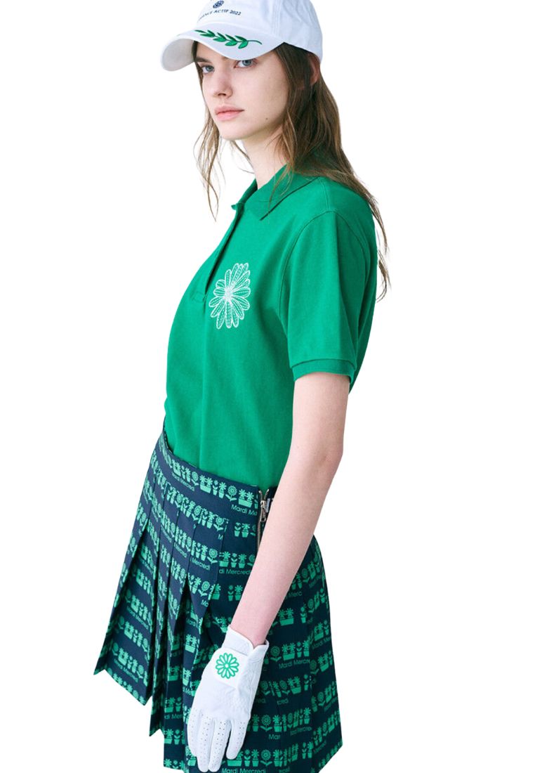 Piquet TShirt Flower Needlework Green Ivory