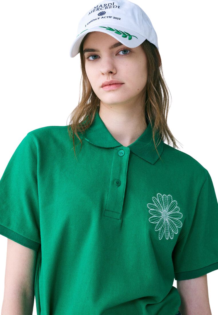 Piquet TShirt Flower Needlework Green Ivory