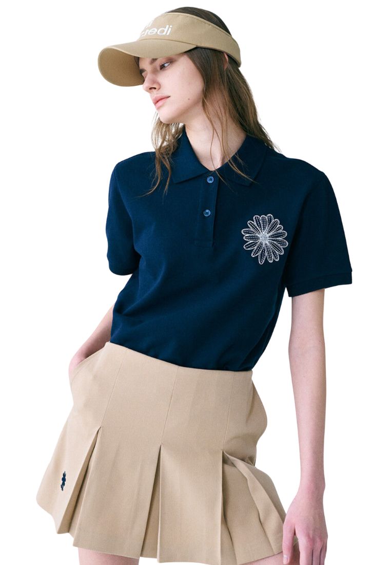 Piquet TShirt Flower Needlework Navy Ivory