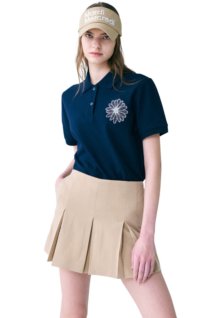 Piquet TShirt Flower Needlework Navy Ivory