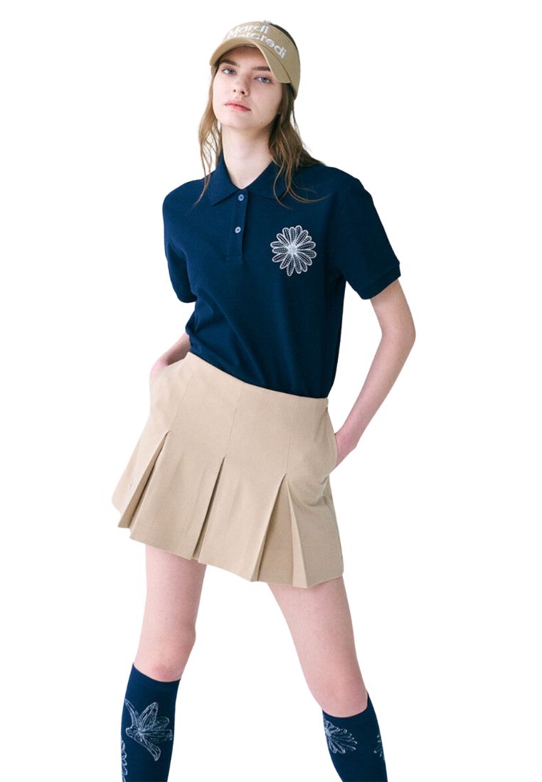 Piquet TShirt Flower Needlework Navy Ivory