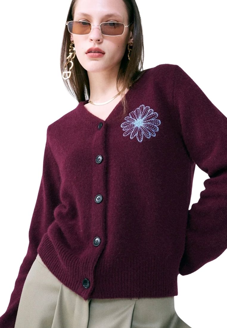 Raccoon Blended Cardigan V Neck Burgundy Sky