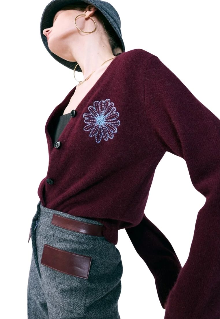 Raccoon Blended Cardigan V Neck Burgundy Sky