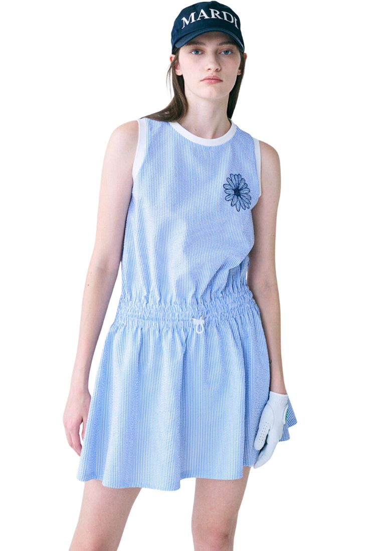 SEERSUCKER Flare Mini Dress Flower Needlework Sky Navy