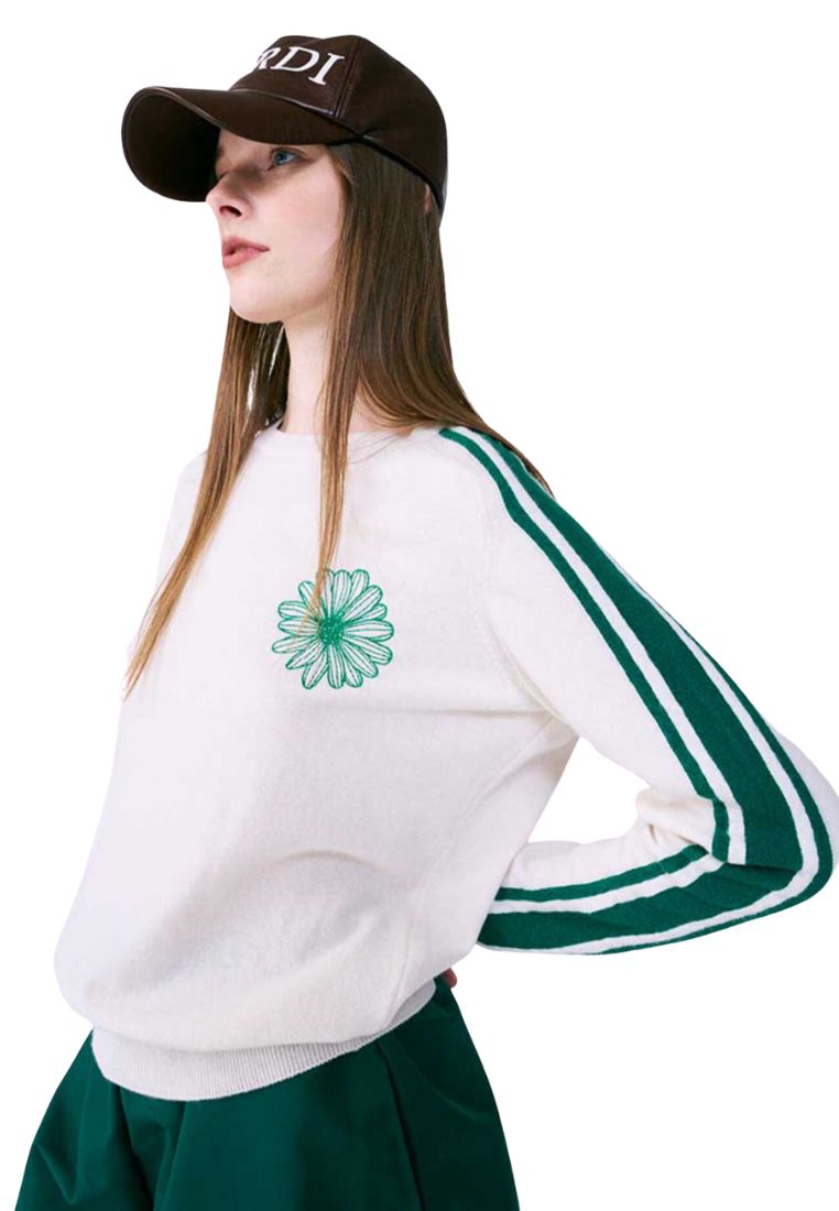 Stripe Sleeve Knit Pullover Ivory Green