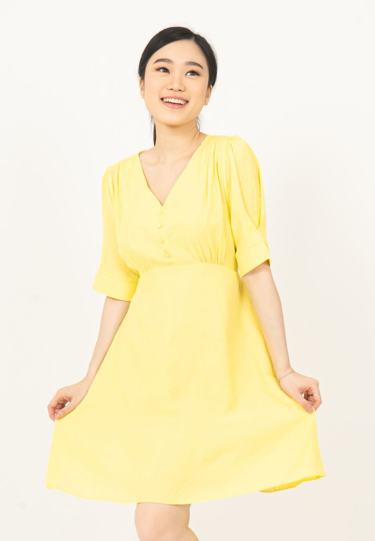 V-neck Button Dress Yellow