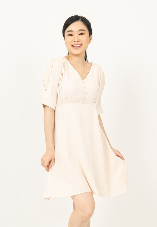 V-neck Button Dress Cream