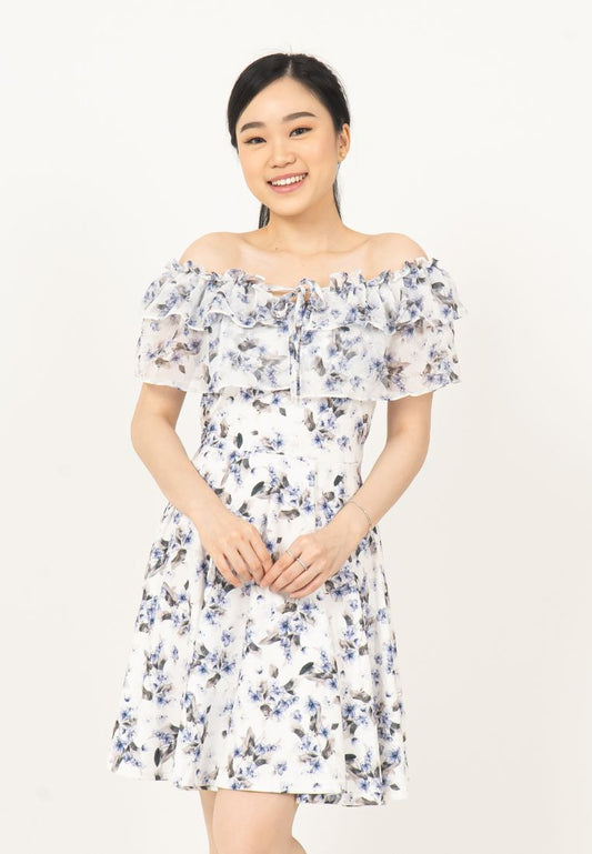 KOREAN SABRINA FLORAL DRESS - BLUE
