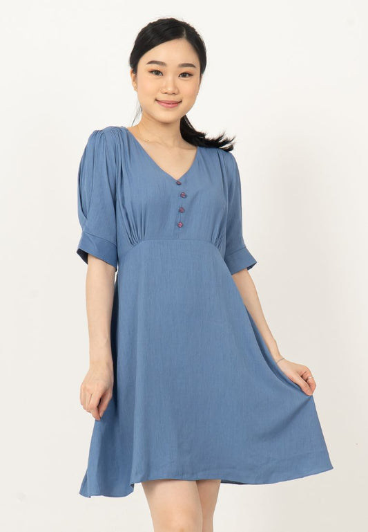 V-neck Button Dress Blue