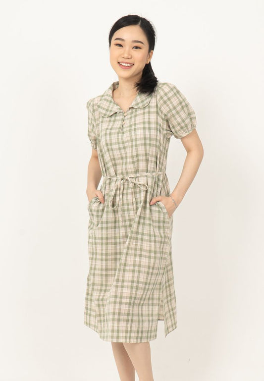 Korean Vintage Plaid Dress-GREEN