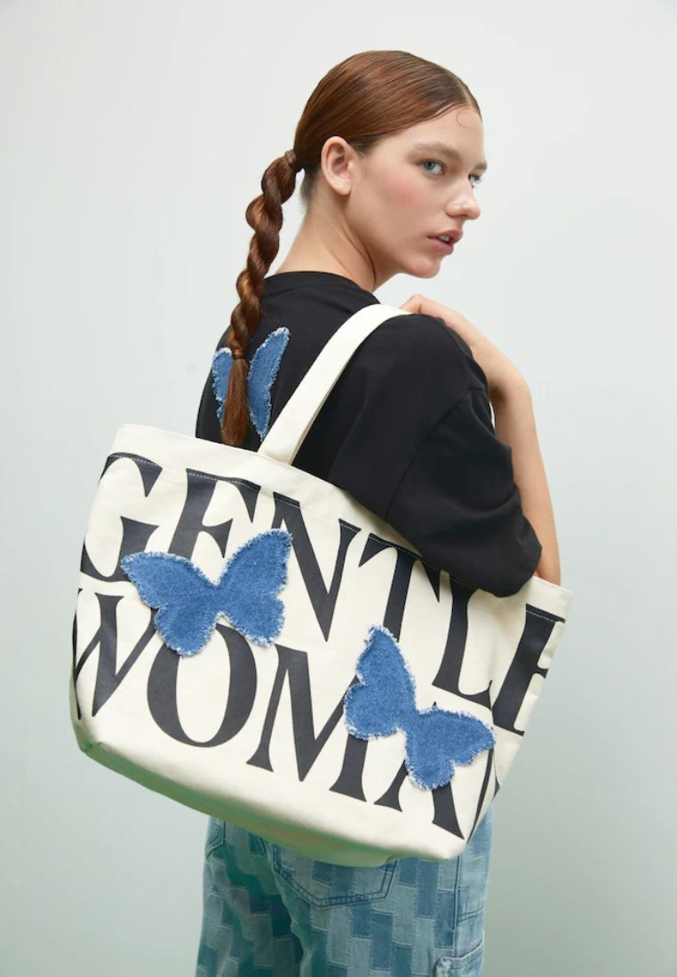 Denim Butterfly Patch Tote Bag