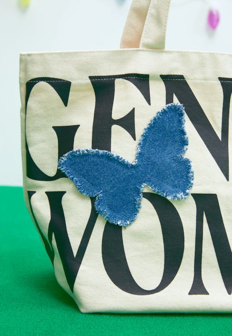 Denim Butterfly Patch Tote Bag