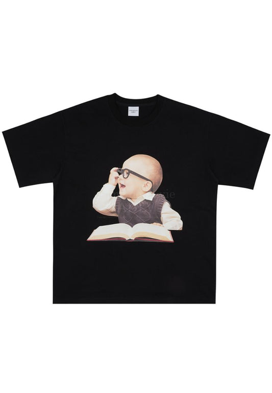 Baby Face Glasses Boy Short Sleeve T-Shirt Black