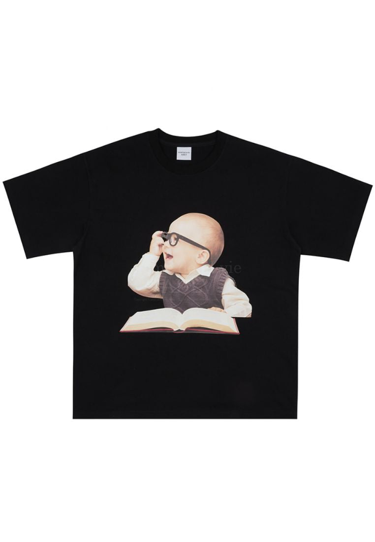 Baby Face Glasses Boy Short Sleeve T-Shirt Black