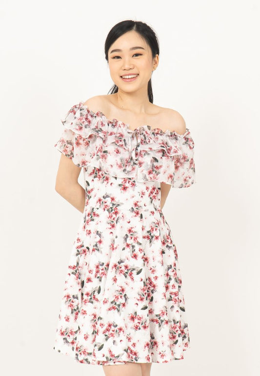 KOREAN SABRINA FLORAL DRESS - RED