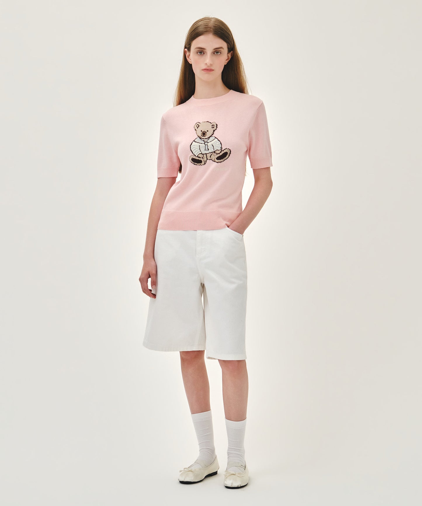 W DOODLE BEAR HALF KNIT PULLOVER light pink