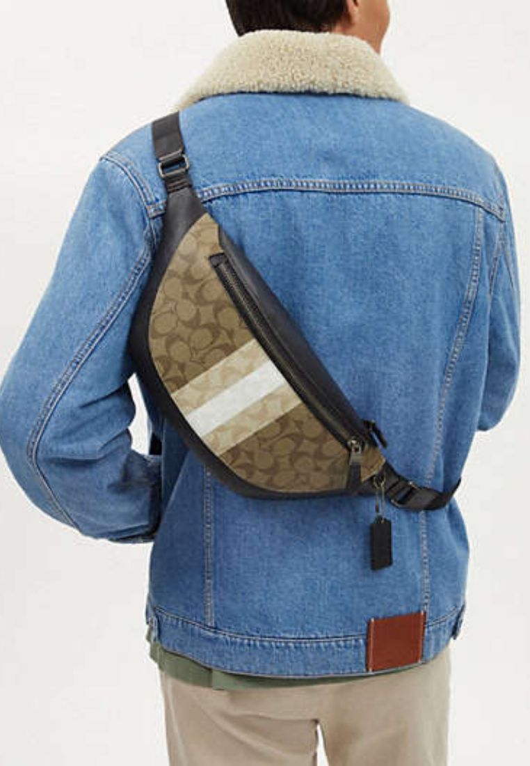 Warren Belt Bag In Blocked Signature Canvas With Varsity Stripe Khaki Multi