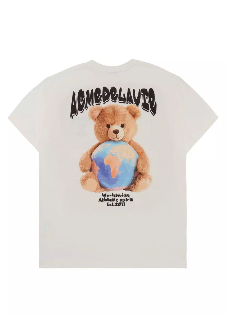 World Wide Globe Bear Artwork Short Sleeve T-Shirt Cream