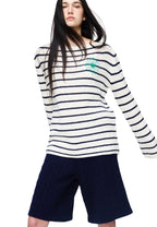 Cotton Pullover Long Sleeve Stripe Ivory Green