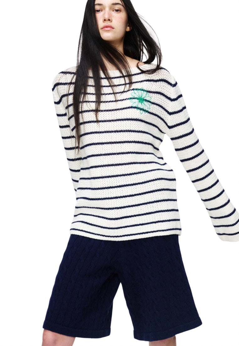 Cotton Pullover Long Sleeve Stripe Ivory Green