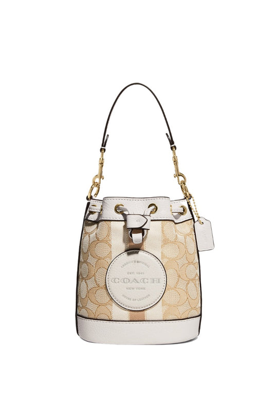 Mini Dempsey Bucket Bag In Signature Jacquard With Stripe And Coach Patch Light Khaki Chalk