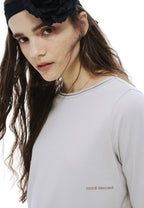 Premium Silk Blended TShirt Logo Boatneck Beige Khaki