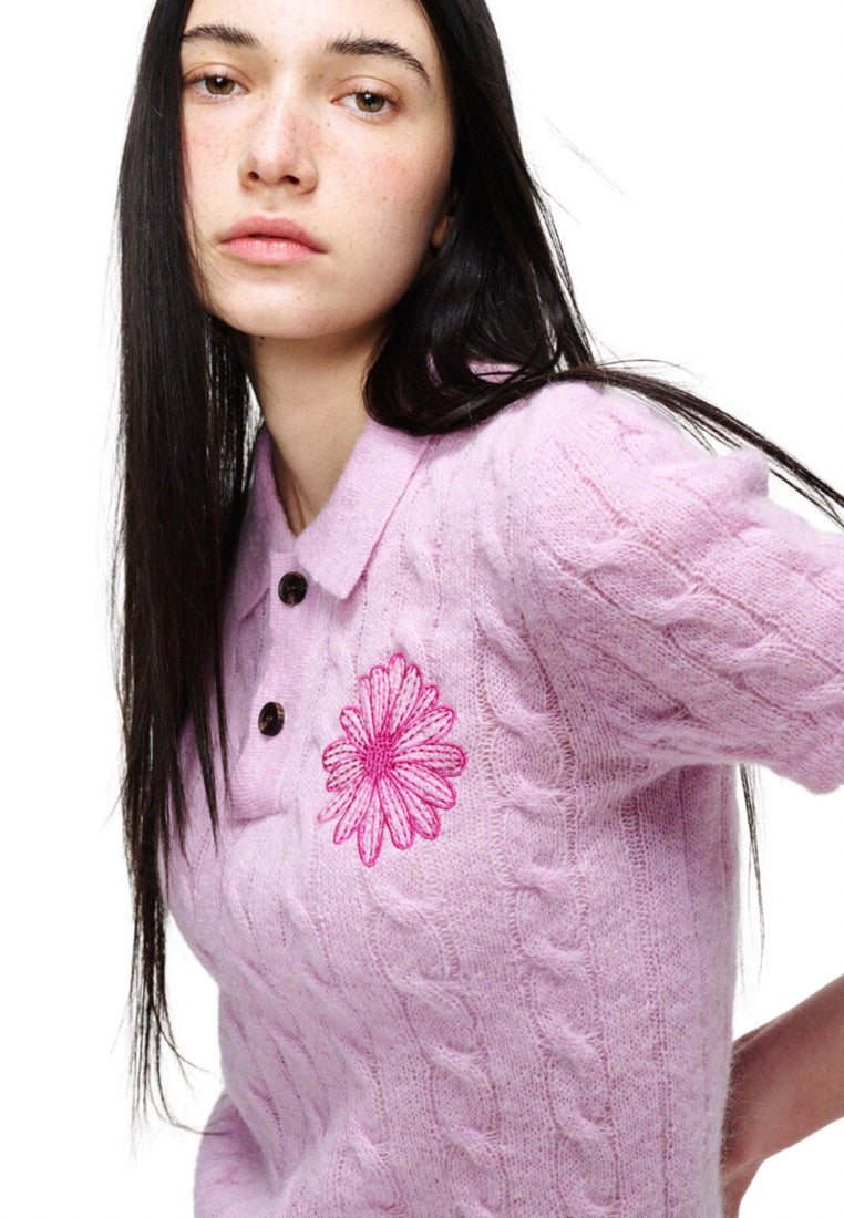 Mohair Cable Top COllar Short Sleeve Pink Hotpink