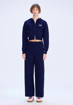 W Classic Logo Crop Knit Hoodie Zip-Up Navy