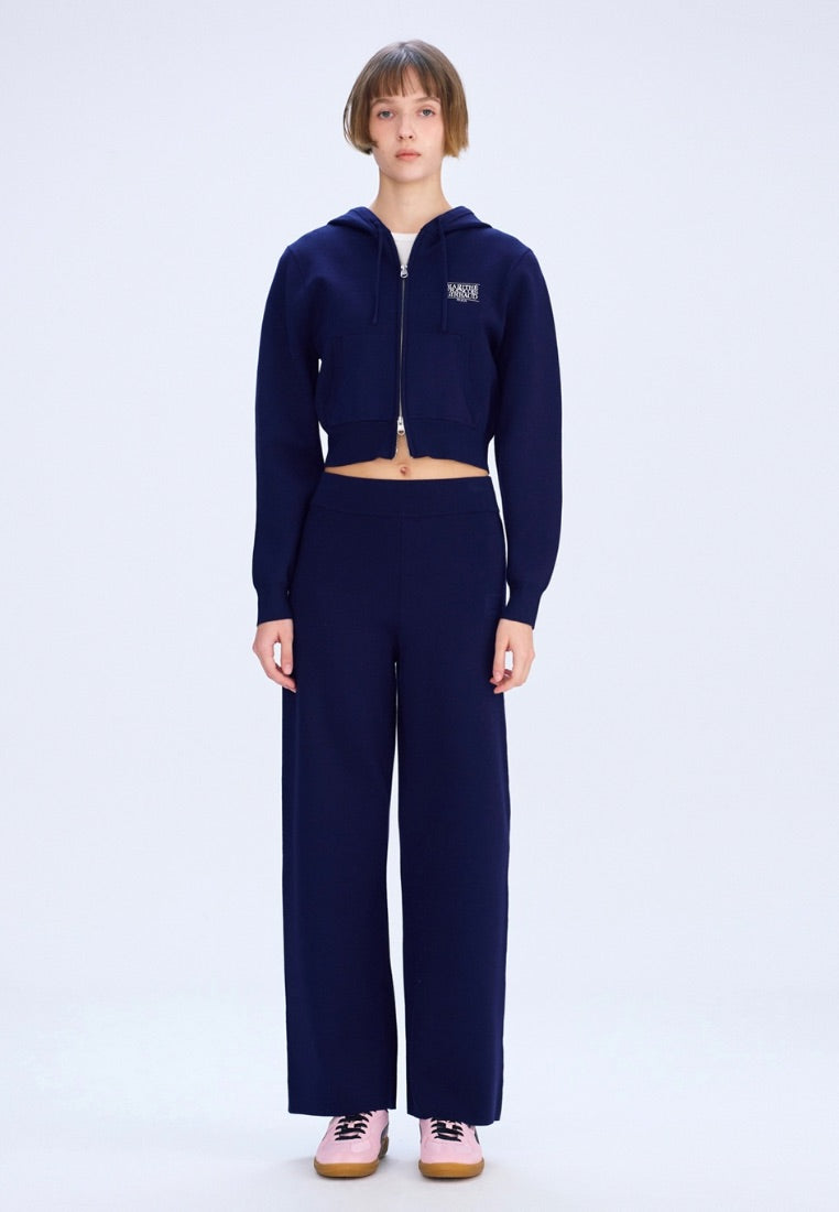 W Classic Logo Crop Knit Hoodie Zip-Up Navy
